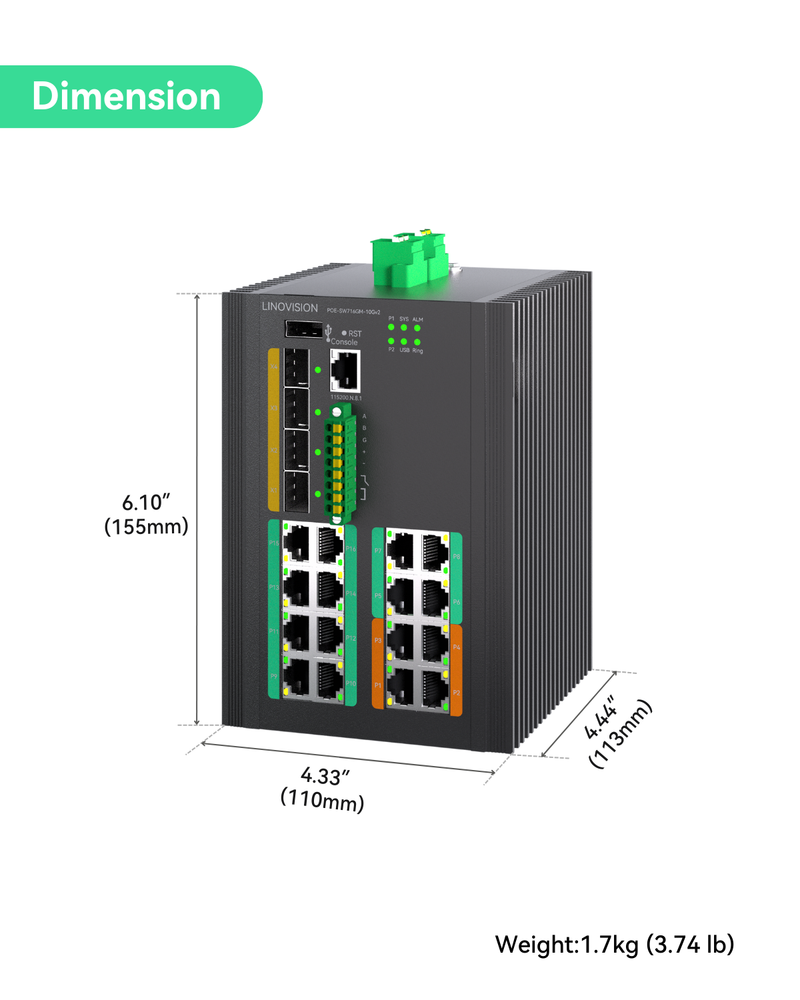 Industrial 16-Port Full Gigabit L3 Managed BT90W PoE++ Switch with 4-Port 10G SFP+ Uplink, Total 370W PoE Budget