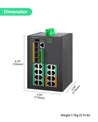 Industrial 16-Port Full Gigabit L3 Managed BT90W PoE++ Switch with 4-Port 10G SFP+ Uplink, Total 370W PoE Budget