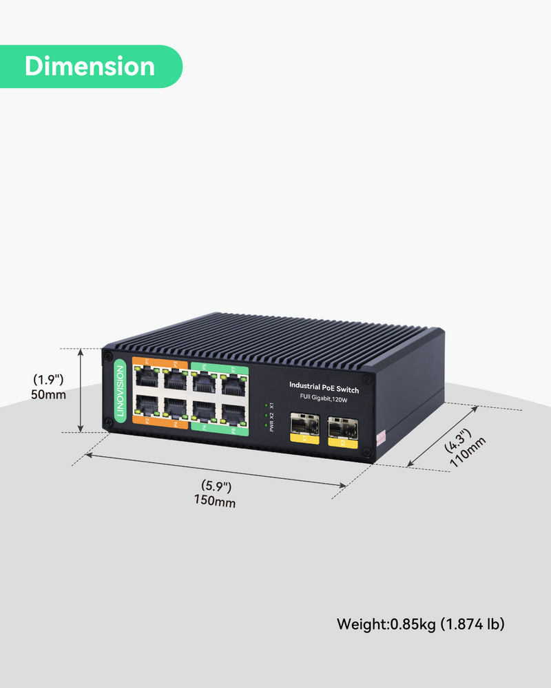 LINOVISION 8 Ports Full Gigabit PoE++ Switch, Built-in 120W Power with LINOVISION 8 Ports Full Gigabit PoE++ Switch, Built-in 120W Power with