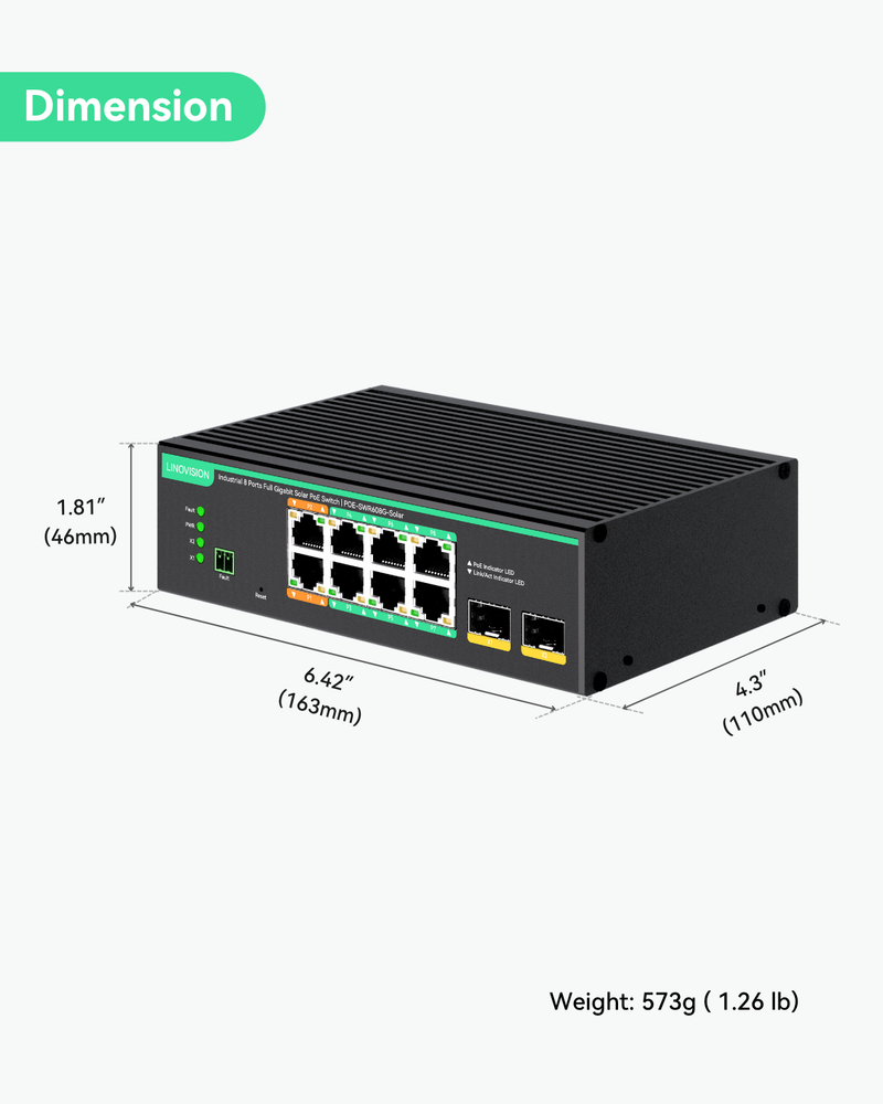 Industrial 8 Ports Full Gigabit PoE Switch Support DC 8~57V Input, 24V / 12V PoE Switch for Solar or RV UPS System