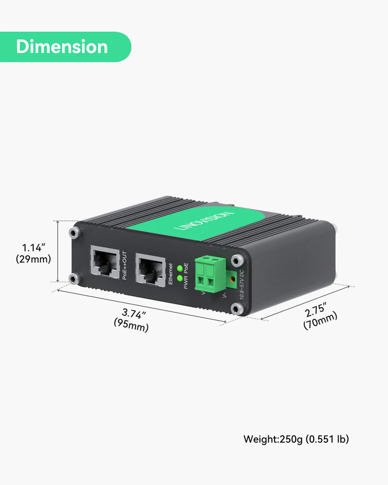 Industrial Single Port Gigabit IEEE802.3bt 90W PoE Injector, Wide Voltage DC 10.8~57V Input