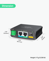 Mini Industrial Gigabit PoE Splitter, Convert 30W PoE to switchable 12V/24V DC, RJ45 data, and SFP