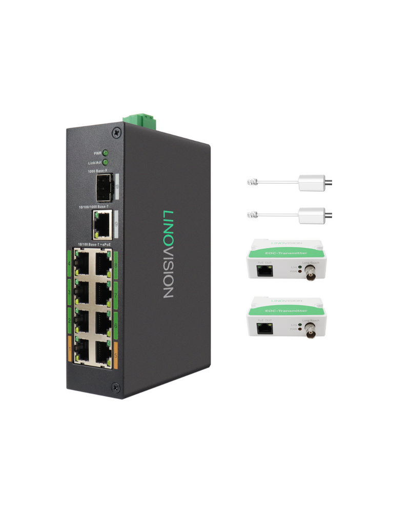 8 Port PoE + Ethernet over Coax (EOC) Hybrid ePoE Switch with bundled EOC Adapters and EOC Transmitters