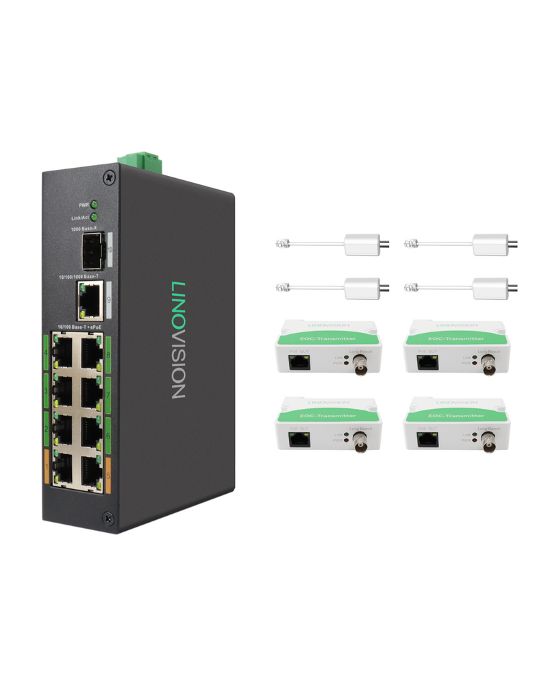 8 Port PoE + Ethernet over Coax (EOC) Hybrid ePoE Switch with bundled EOC Adapters and EOC Transmitters
