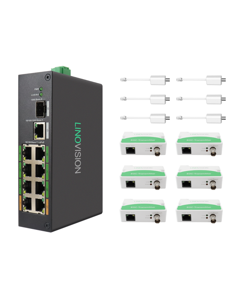 8 Port PoE + Ethernet over Coax (EOC) Hybrid ePoE Switch with bundled EOC Adapters and EOC Transmitters