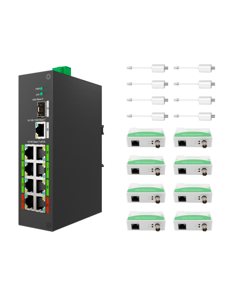 8 Port PoE + Ethernet over Coax (EOC) Hybrid ePoE Switch with bundled EOC Adapters and EOC Transmitters