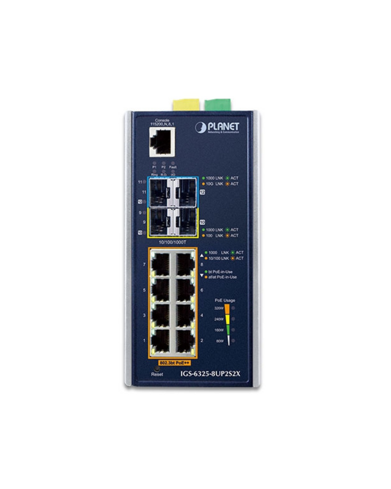 PLANET Industrial L3 Managed 8-Port 802.3bt PoE++ Switch with 2x 2.5G and 2x 10G SFP+ Uplink,360W