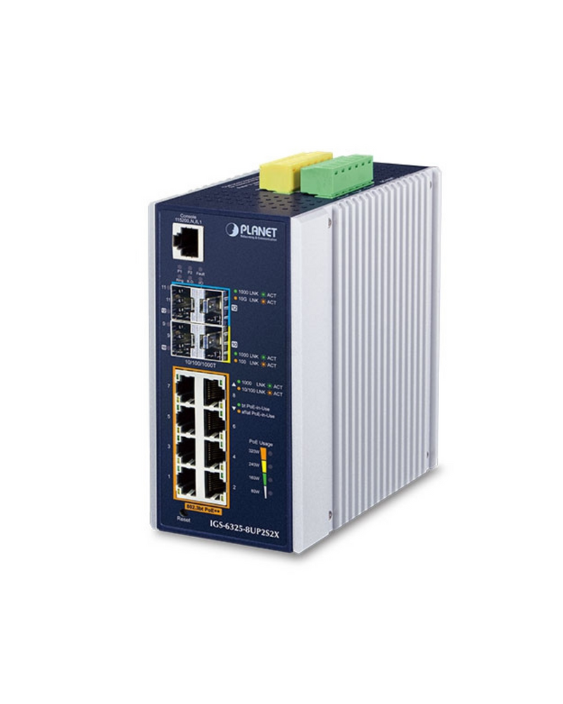 PLANET Industrial L3 Managed 8-Port 802.3bt PoE++ Switch with 2x 2.5G and 2x 10G SFP+ Uplink,360W