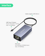 POE から USB-C へのコンバーター、10/100Mbps イーサネットで 1 本のケーブルでデータと充電が可能、携帯電話やタブレットに最適