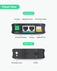 Mini Industrial Gigabit PoE Splitter, Convert 30W PoE to switchable 12V/24V DC, RJ45 data, and SFP