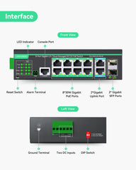 12 Ports L2+ Cloud Managed PoE Switch with DC8V to DC57V Voltage Booster