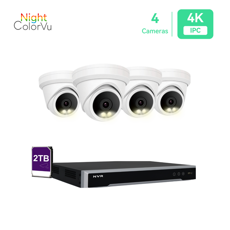 8CH PoE IP Camera System with 4*4K Night ColorVu Turret Cameras, 2TB HDD