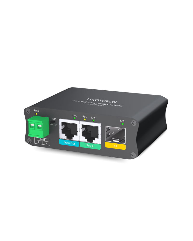 Mini Industrial Gigabit PoE Splitter, Convert 30W PoE to switchable 12V/24V DC, RJ45 data, and SFP