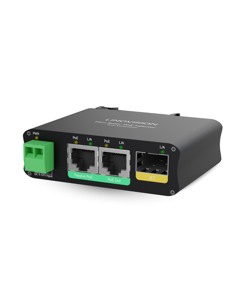 Mini Solar PoE Switch with 1x AT 30W PoE+, 1x Passive PoE, 1xSFP Fiber Output