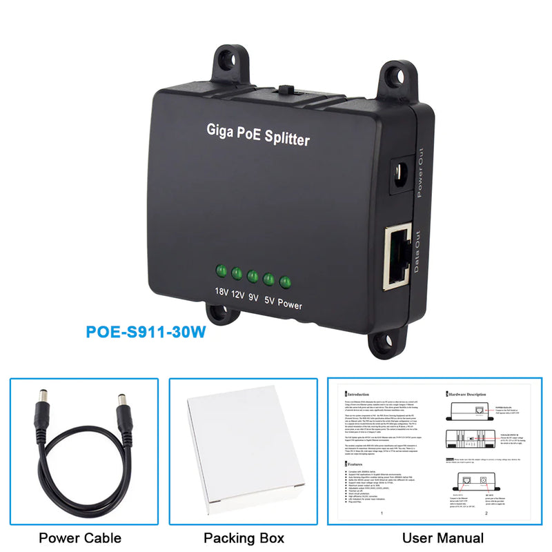 30W Gigabit PoE Splitter to DC 5/9/12/18V Output