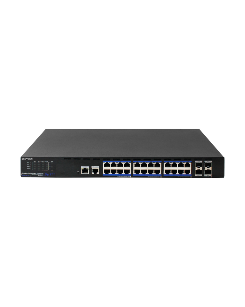 LINOVISION 4-Port Full Gigabit PoE Switch, 4* BT 90W Ports, 1* GE en 1* Gigabit SFP Uplink, IEEE 802.3af/at/bt, Totaal Vermogensbudget 96W, 250m PoE over lange afstand LINOVISION 4-Port Full Gigabit PoE Switch, 4* BT 90W Ports, 1* GE en 1* Gigabit SFP Uplink, IEEE 802.3af/at/bt, Totaal Vermogensbudget 96W, 250m PoE over lange afstand