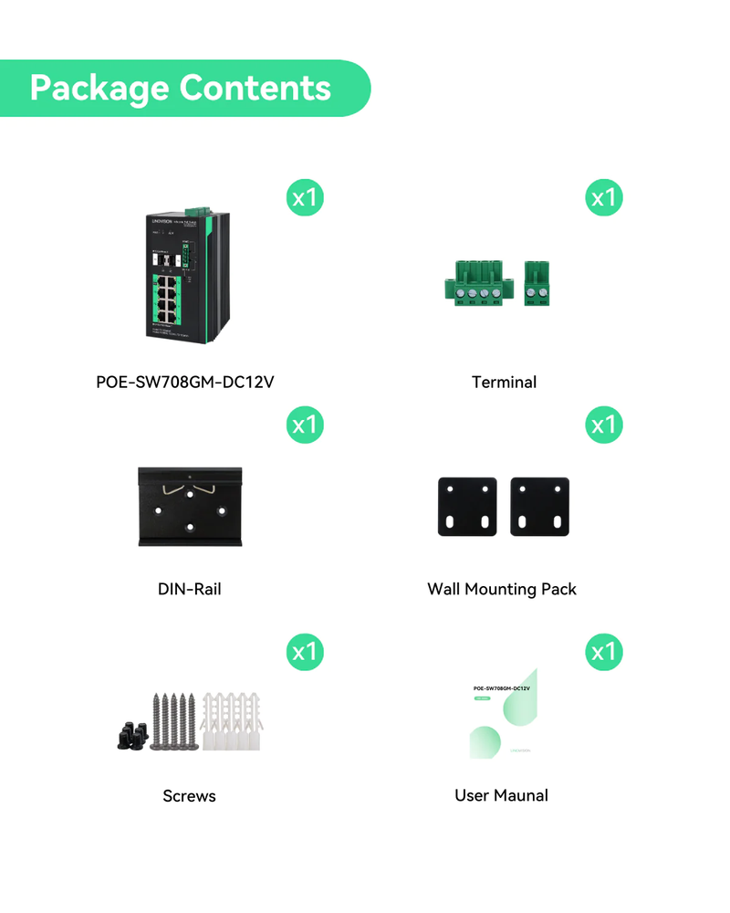 工业级 8 口全千兆网管型 POE 交换机，带 DC12~57V 输入