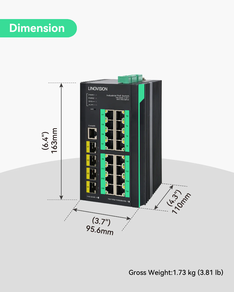 工业级 16 端口全千兆 L3 网管型 PoE 交换机，带 4 端口 10G 上行链路 SFP+ 