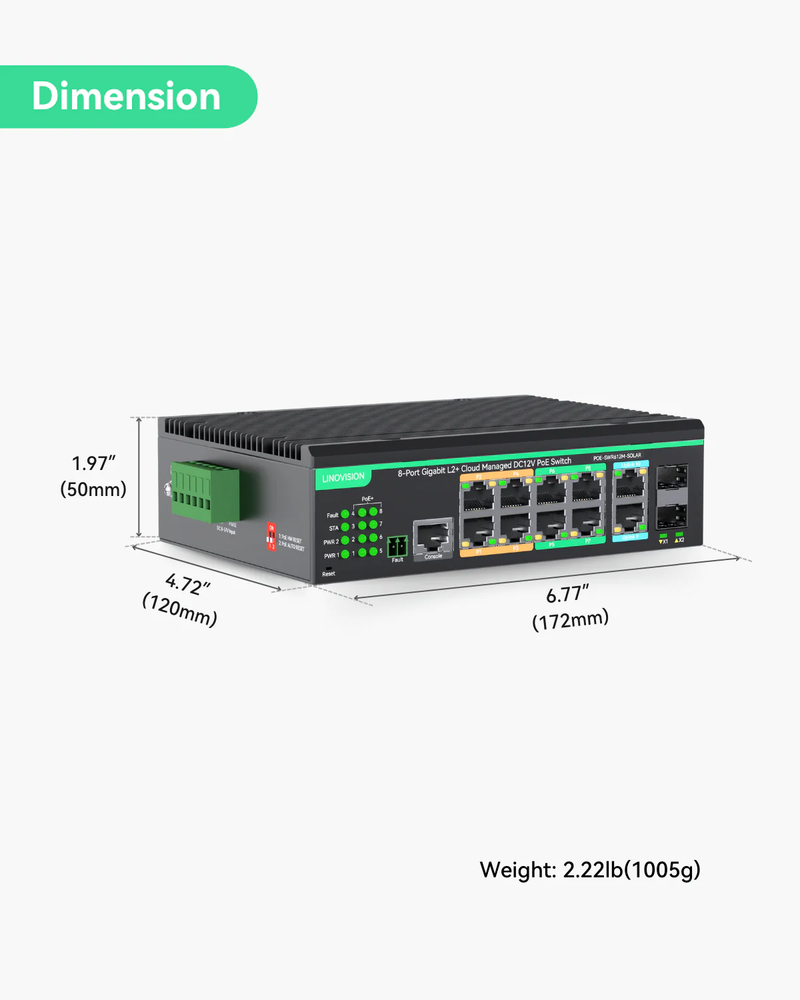 12 Ports L2+ Cloud Managed PoE Switch with DC8V to DC57V Voltage Booster