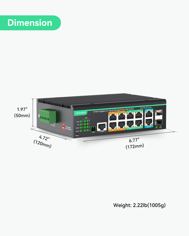 12 Ports L2+ Cloud Managed PoE Switch with DC8V to DC57V Voltage Booster