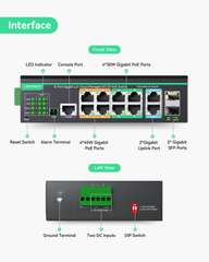 12 Ports L2+ Cloud Managed PoE Switch with DC8V to DC57V Voltage Booster
