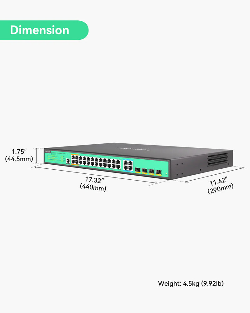 24 Ports L2 Managed PoE Switch, Full Gigabit PoE++ Switch, Built-in 370W Power with 4* BT 90W & 20* AT 30W Ports