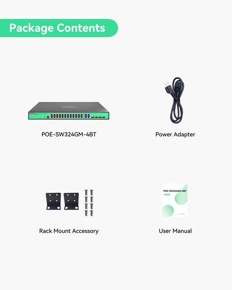 24 Ports L2 Managed PoE Switch, Full Gigabit PoE++ Switch, Built-in 370W Power with 4* BT 90W & 20* AT 30W Ports