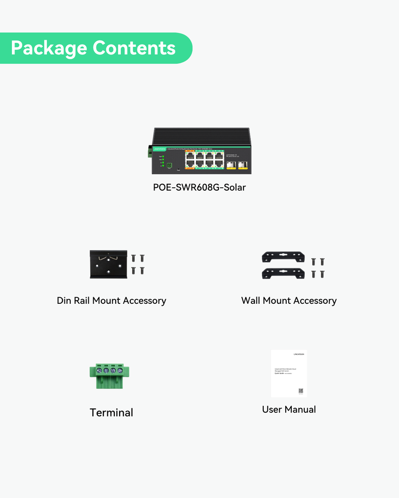 Industrial 8 Ports Full Gigabit PoE Switch Support DC 8~57V Input, 24V / 12V PoE Switch for Solar or RV UPS System