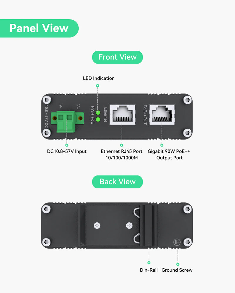 Industrial Single Port Gigabit IEEE802.3bt 90W PoE Injector, Wide Voltage DC 10.8~57V Input