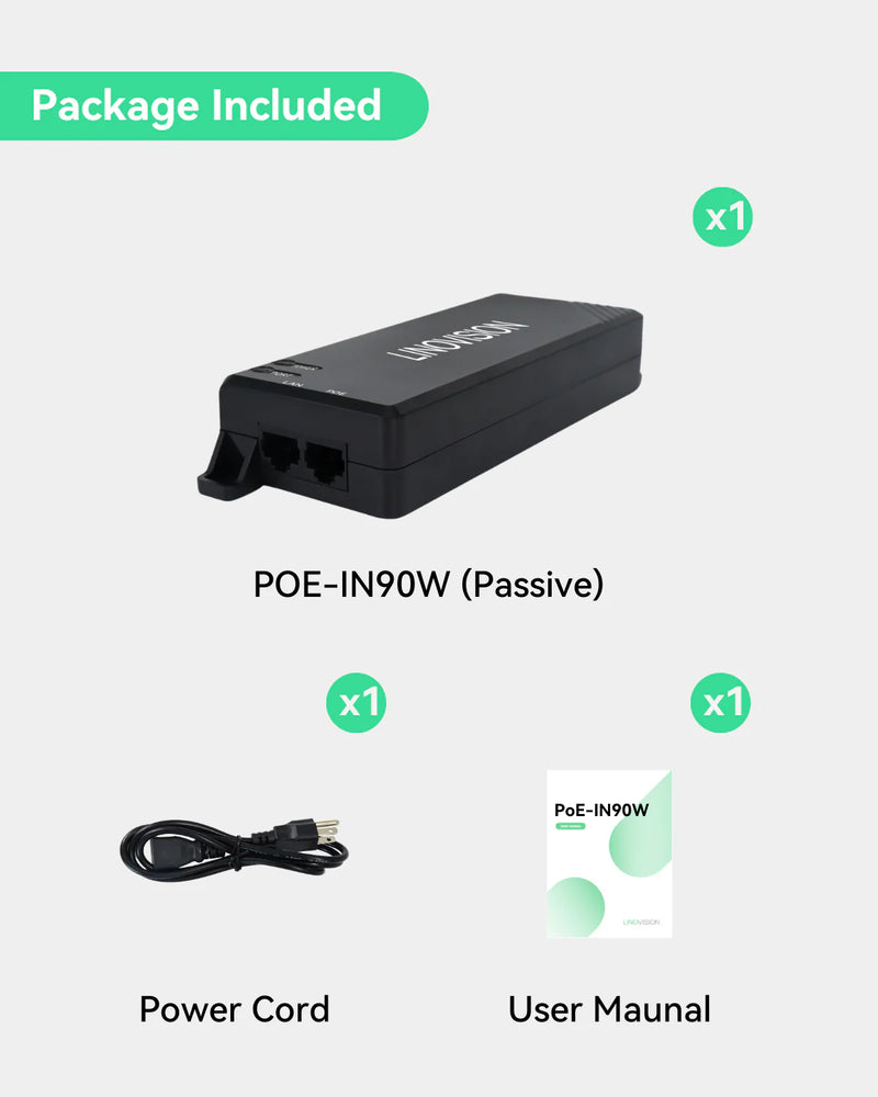 Gigabit 90W PoE injector, transmits power and Gigabit Data over single network cable