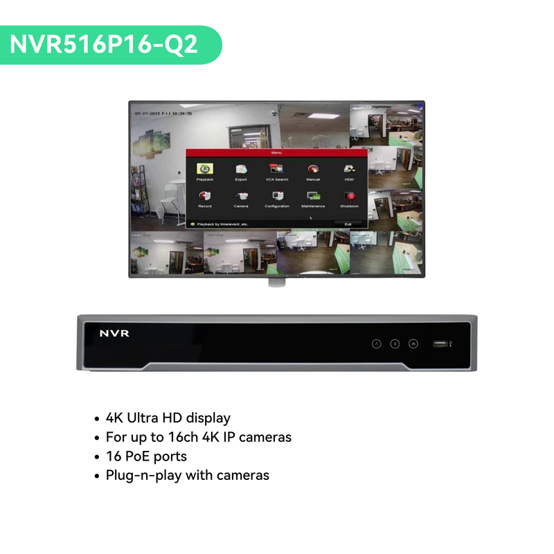 16 Channel PoE NVR, 4K resolution, max 2 HDD, 1U case