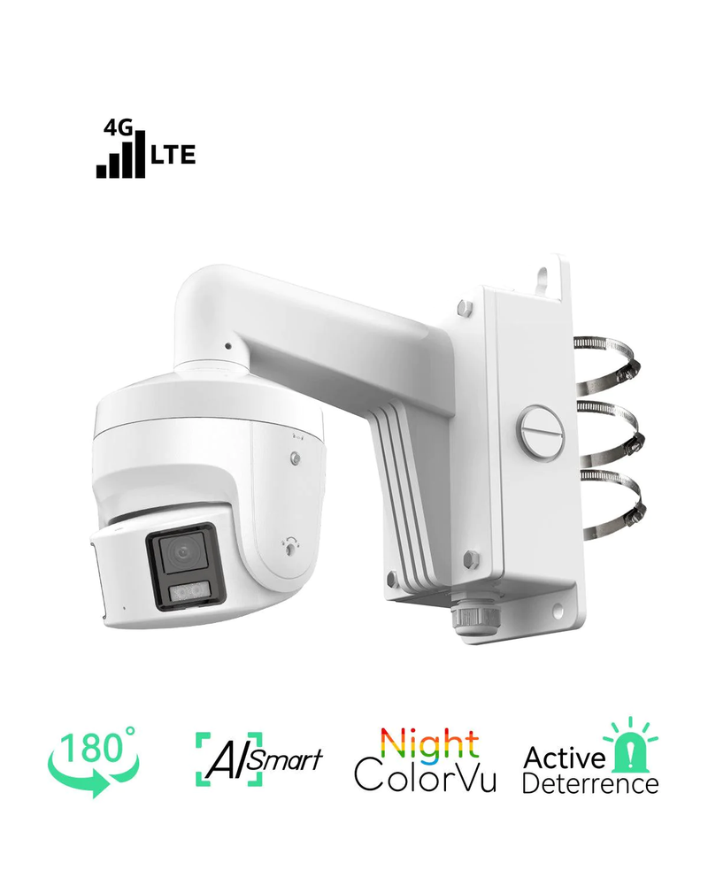 4G LTE 无线 4K 双镜头 180° 全景摄像机，配备夜间 ColorVu、主动威慑灯和双向通话功能