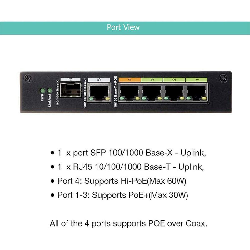 4 Port Industrial Unmanaged POE & EOC Hybrid ePOE Switch with Ethernet Over Coax Technology Supports POE Over Coax Transmission Like RG59 RG6 Comes with 4 EOC Adapters and EOC Transmitters