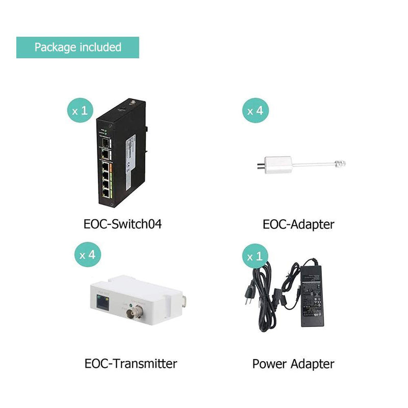 4 ポート産業用アンマネージド POE &amp; EOC ハイブリッド ePOE スイッチ Ethernet Over Coax テクノロジーを採用 RG59 と同様に POE Over Coax 伝送をサポート RG6 には 4 つの EOC アダプターと EOC トランスミッターが付属