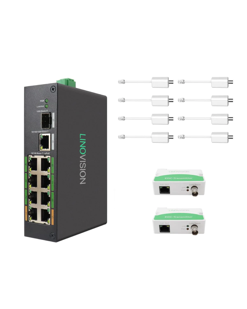 8 Port PoE + Ethernet over Coax (EOC) Hybrid ePoE Switch with bundled EOC Adapters and EOC Transmitters