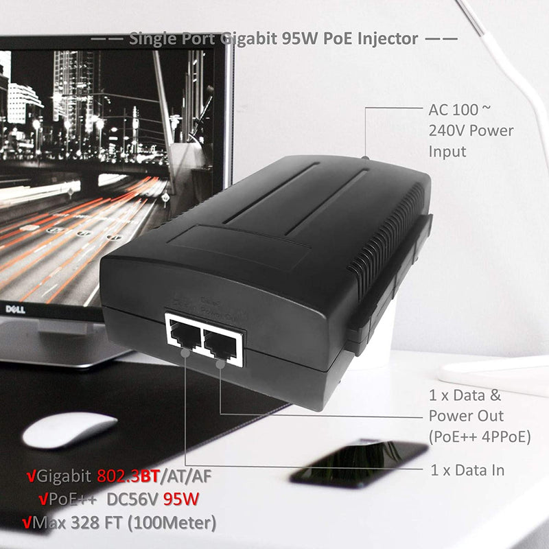 PoE Injector, Single Port 56V 95W 90W 1000mbps Gigabit PoE++ Switch Mi ...