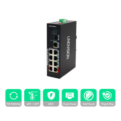 8-Port Hardened POE Switch with 1 GE/SFP Uplink, Provide BT 90W POE Port, Support POE Watchdog and 820ft long distance POE